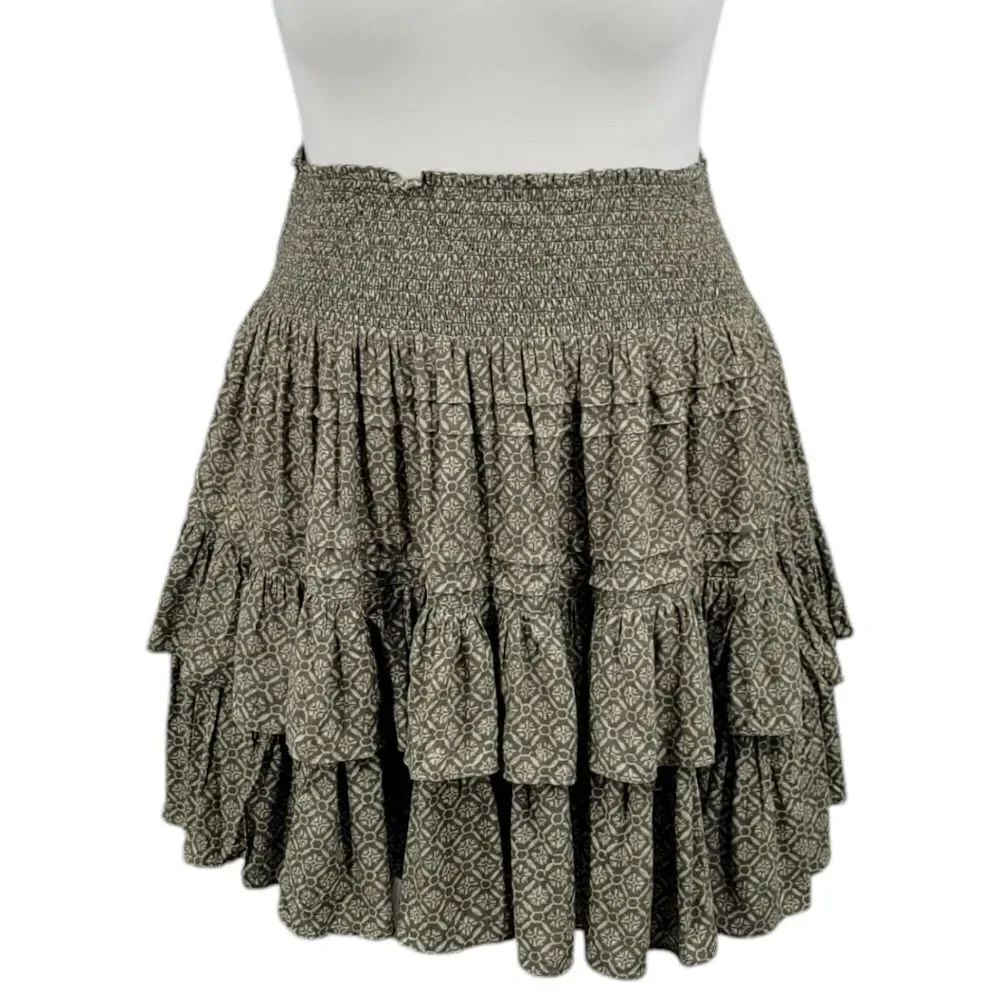 Lauren Ralph Lauren Olive Tiered Ruffle Swing Skirt Smocked Waist Prarie Boho